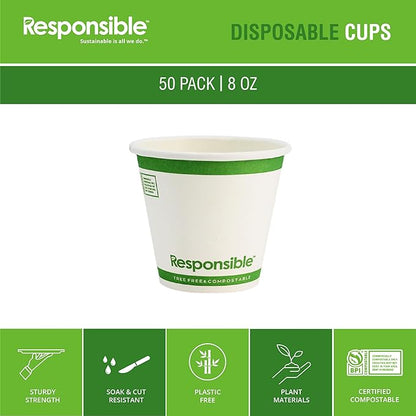 Responsible Products Certified Compostable 8 oz Paper Cups, Cold ＆ Hot Coffee Cups, Disposable Paper Cups, Extra Strength Disposable Cups, Made without PFAS (50 count)