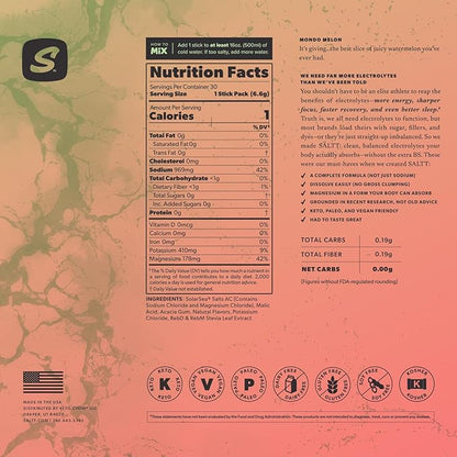 SALTT Electrolytes Powder Flavored Drink Mix - Mondo Melon - 30 Hydration Packets - Magnesium, Potassium, Sodium, Trace Minerals - Zero Sugar & Gluten Free - Travel Essentials