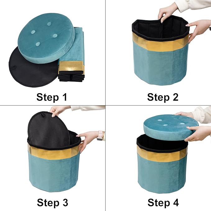 Small Ottoman with Storage,Folding Round Ottoman with Gold Trim,Velvet Storage Stool,Foot Stool with Soft Padded,Foot Rest for Living Room13“x13”x12.4(Green,1pcs)