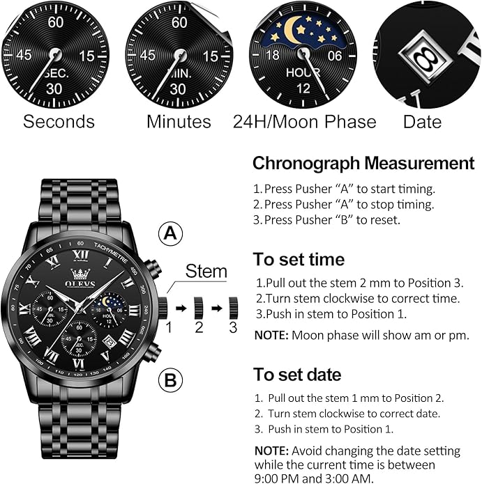 OLEVS Mens Stainless Steel Chronograph Watch, Big Face Roman Numerals Date Analog Quartz Dress Watches for Men, Fashion Multifunctional Waterproof Luminous Hands Men's Wristwatch