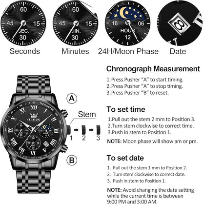 OLEVS Mens Stainless Steel Chronograph Watch, Big Face Roman Numerals Date Analog Quartz Dress Watches for Men, Fashion Multifunctional Waterproof Luminous Hands Men's Wristwatch