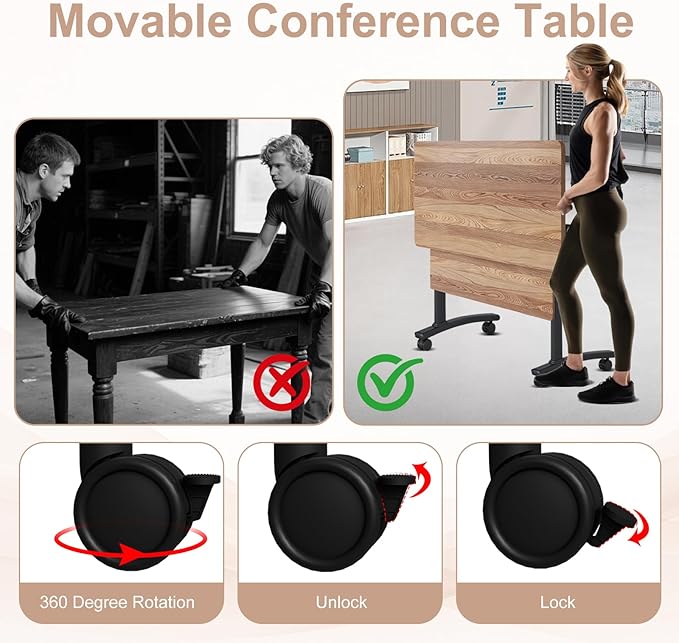 Folding Conference Table,Conference Table with Wheels,Large Flip-Top Training Table,Freely Combinations,Easy to Move for Offices, Schools,Training Rooms（8,Yellow,71in