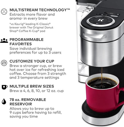 KeurigK Plus Single Serve Coffee Maker, MultiStream Technology, Customizable Strength and Temperature Settings, Programmable, 78oz Removable Reservoir, Stainless Steel