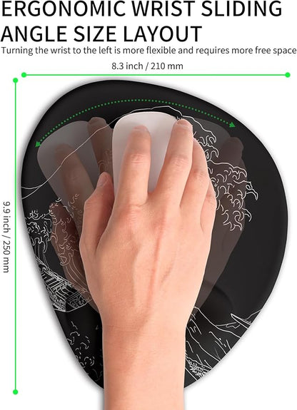 Palm-Rest and Wrist-Hugging Mouse Pad Wrist Rest, Ergonomic Wrist Support with Curve Fitting Cushioned Memory Foam for Carpal Tunnel Pain Relief, 9.9 x 8.3 Inch, Waves