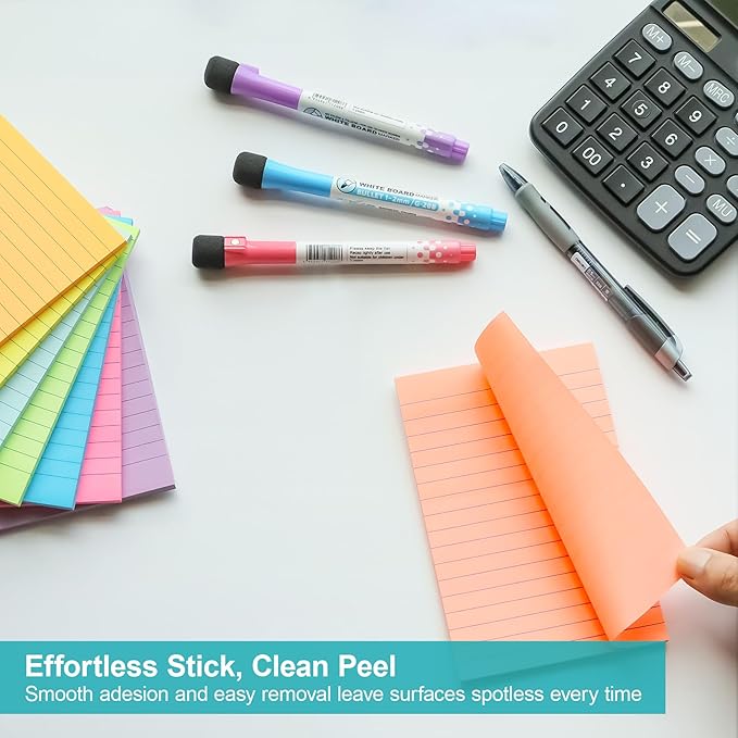 Lined Sticky Notes 4x6 in, 8 Pack Super Sticking Power Self-Stick Note Pads Bright Colors for Home, Office, School