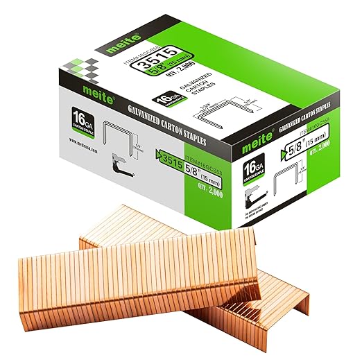 meite Carton Closing Staples 16 Gauge 1-3/8" Wide Crown 5/8" Leg Copper-Coated Carton Staples for Pneumatic or Manual Box Stapler Gun - Cardboard Closer Packaging (10,000PCS)