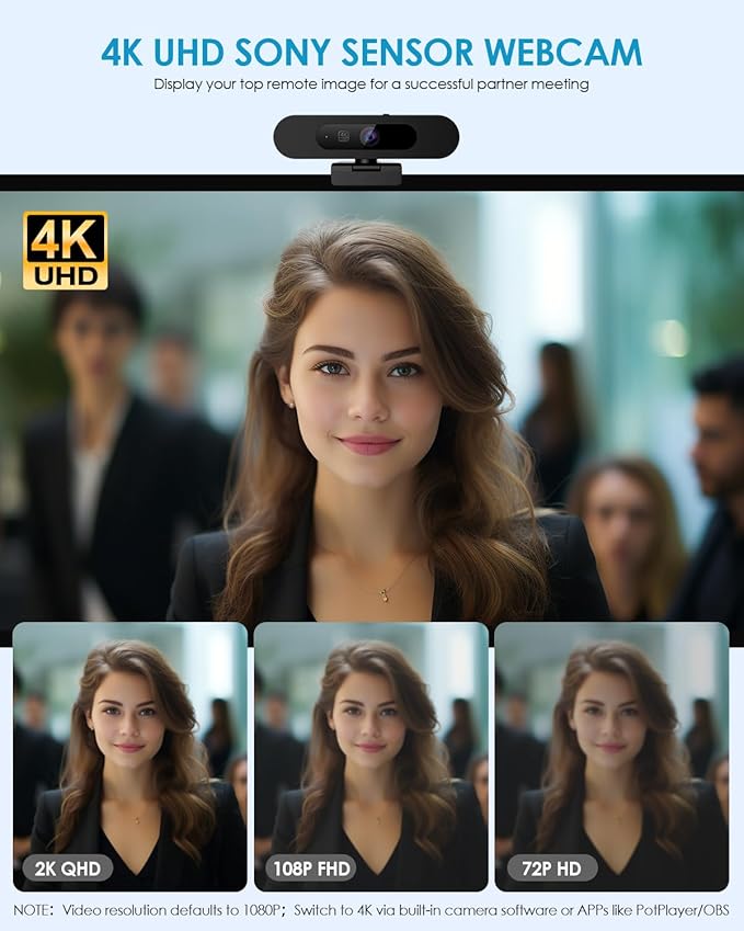 4K Webcam for PC, Ultra 4K HD, AI Auto Framing, Webcam for Streaming, Auto Focus, Dual Noise Reducing Mics, 5X Digital Zoom, 92°FOV, Plug and Play, Ideal for High-End Meeting, Streaming