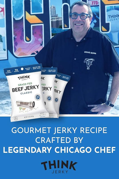 Think Jerky Classic Beef Jerky, Grass-Fed High Protein Beef, Gluten Free, No Antibiotics or Nitrates, Healthy Chef Crafted Recipe, Low Calorie and Low Fat - 1.0 oz Bags, 8 Pack