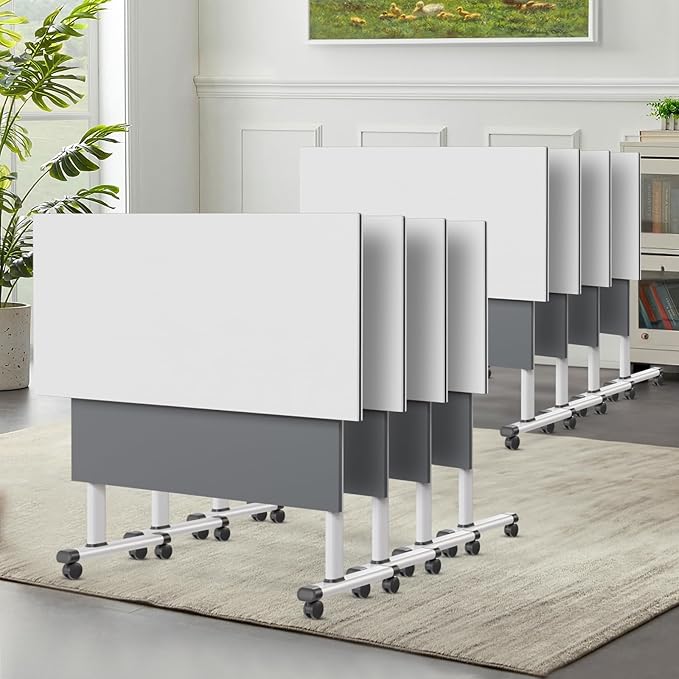 Conference Room Table, 55 Inch Folding Conference Tables with Wheels, Modern Office Meeting Table, Easy Flip & Nest Design, Rectangular Seminar Tables with Metal Frame for 2-24 People(G 8PCS)