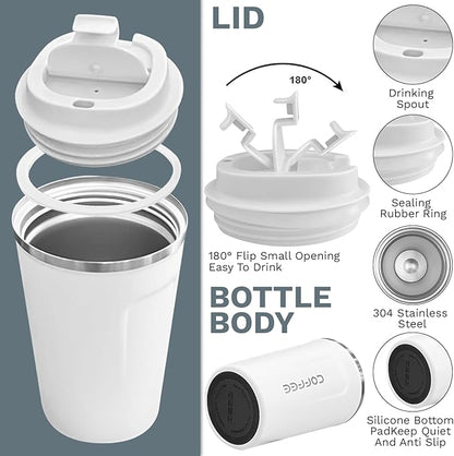 YINBAOGE Insulated Travel Coffee Mug, Spill & Leak Proof, Portable To Go Camping Stainless Steel Coffee Tumbler, Reusable Thermal Coffee Cup with Lid for Hot & Cold Drinks (2nd-White, 17 OZ)