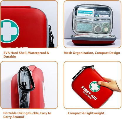 150 Pieces Mini First Aid Kit - Small Medical Kit with Hard Shell - Emergency First Aid Kit for Car, Travel, Home, Outdoor, Office, Camping, Hiking (Red)