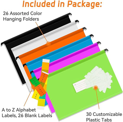 BOENFU Hanging File Folders, Letter Size, 26 Pack Sturdy Plastic Hanging Organizer File Folders for Efficient Filing, Assorted Colors