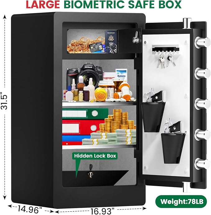 8.1 Cuft Extra Large Biometric Safe for Home Use Fire and Water Proof, Heavy Duty Fingerprint Safe Security Box with [Hidden Lock Box], Fireproof Safes for Home Business Office USE