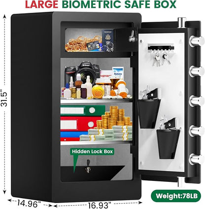 8.1 Cuft Extra Large Biometric Safe for Home Use Fire and Water Proof, Heavy Duty Fingerprint Safe Security Box with [Hidden Lock Box], Fireproof Safes for Home Business Office USE