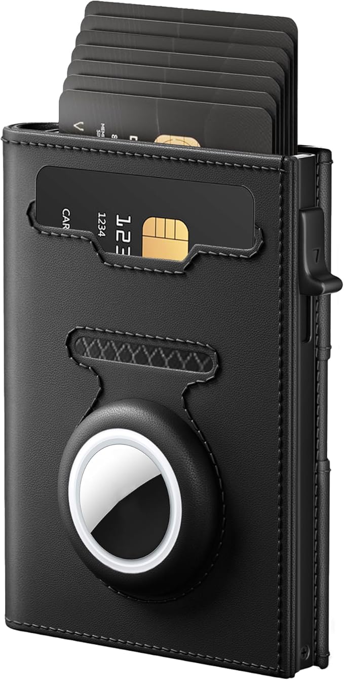 RFID Wallet for Men Compatible with AirTag, Slim Mens Wallet for Air Tag Smart Pop up Card Holder, Minimalist Wallet with ID Window & Cash Slot, Trifold Compact Metal Aluminum Card Case