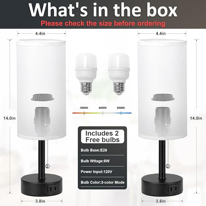 Fenmzee White Bedside Table Lamps Set of 2-3 Color Temperatures Pull Chain Lamp with AC Outlet Charging Port, Round Night Stand Lamps for Bedroom Office, Small Bed Side Light with E26 LED Bulbs