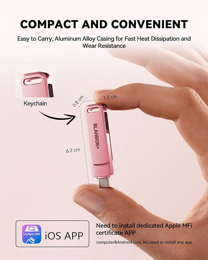 MFi Certified 256GB iPhone Photo Stick, USB Flash Drive for Photo/Video Backup, High-Speed Thumb Drive Compatible for iPhone/iPad/Android/PC (Pink)