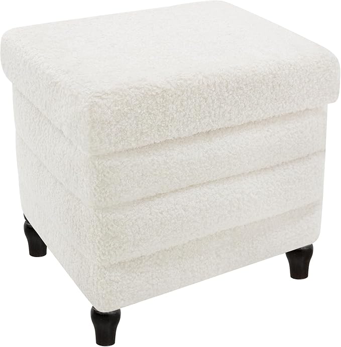 CAROLMADE Folding Storage Ottoman Cube Sherpa Footstool with Wood Legs Ottoman Footrest for Living Room and Bedroom, White 15"x12.6"x15.4"