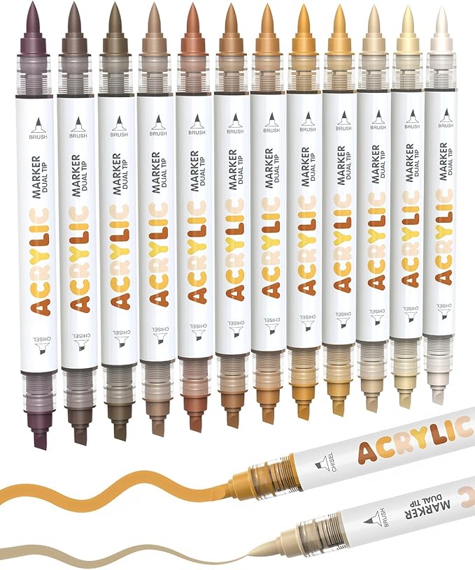 Guangna 12 Brown Dual Tip Acrylic Paint Markers, Brush Tip & Chisel Tip Acrylic Paint Pens for Pumpkin Paint, Rock, Wood, Glass, Paper, Coloring Book, Ceramic, Canvas, Water-Based Ink