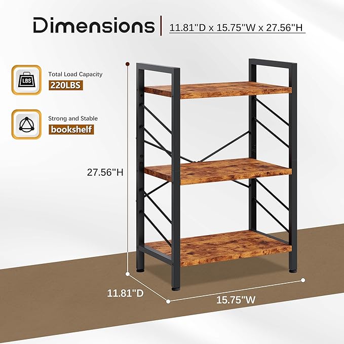 3 Tier Bookshelf, Industrial Bookcase with Metal Frame and Sidebars, Office Shelves for Small Spaces, Bedroom, Living Room, Rustic Brown