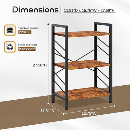 3 Tier Bookshelf, Industrial Bookcase with Metal Frame and Sidebars, Office Shelves for Small Spaces, Bedroom, Living Room, Rustic Brown
