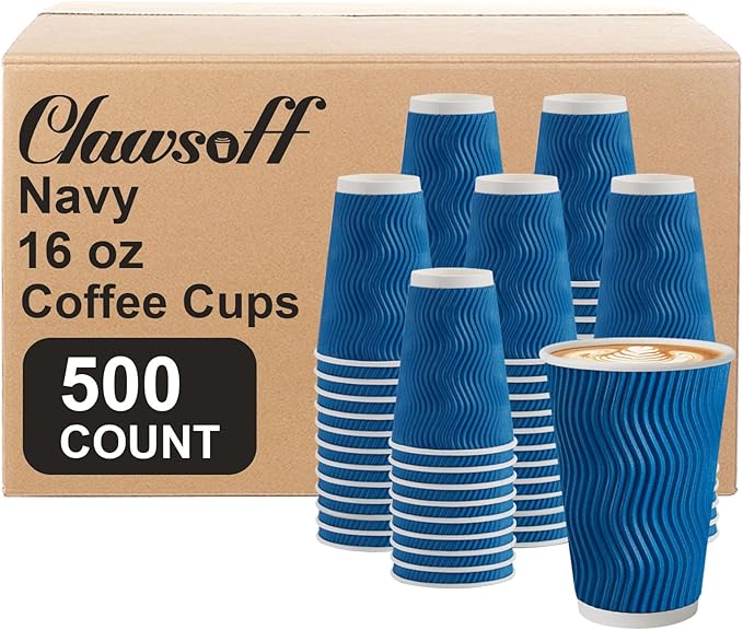 500 Pack 16oz Coffee Cups,Corrugated Insulated Ripple Wall Disposable Paper Coffee Cups 500 Count,Hot Beverages Cup for Office,Party,Home,Travel(Navy)