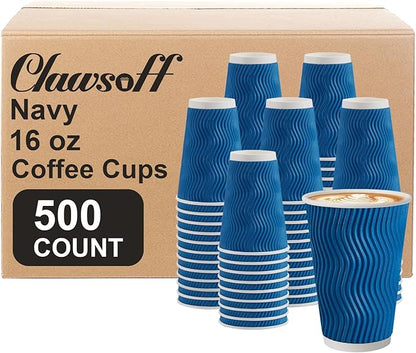 500 Pack 16oz Coffee Cups,Corrugated Insulated Ripple Wall Disposable Paper Coffee Cups 500 Count,Hot Beverages Cup for Office,Party,Home,Travel(Navy)