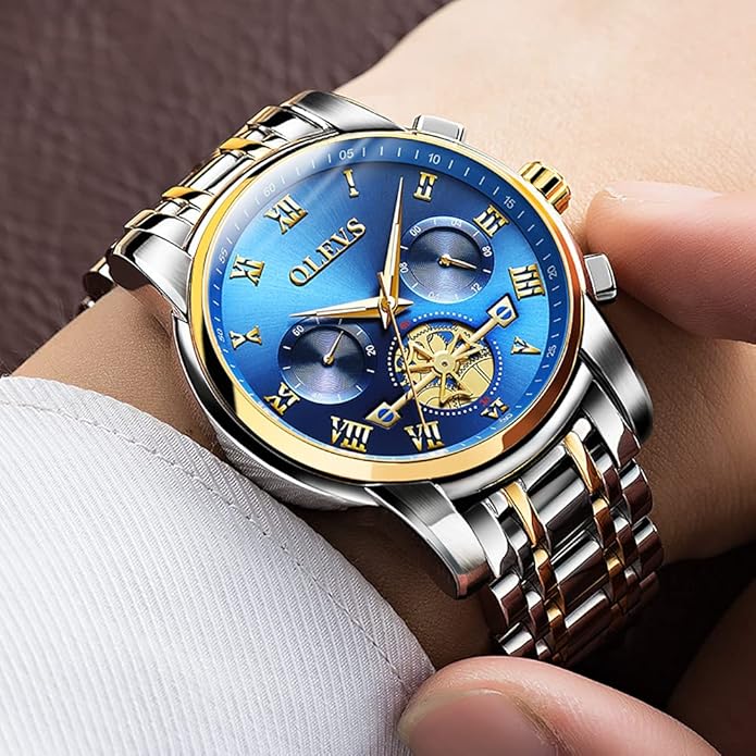 OLEVS Mens Watches Fashion Casual Analog Quartz Watch Waterproof Dress Wrist Watches with Stainless Steel Band Day Window for Men (Band with Gold Blue dial)