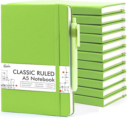 feela 12-Pack Hardcover Ruled Notebooks – A5 Journals with Pen Holder & 12 Black Pens, Green