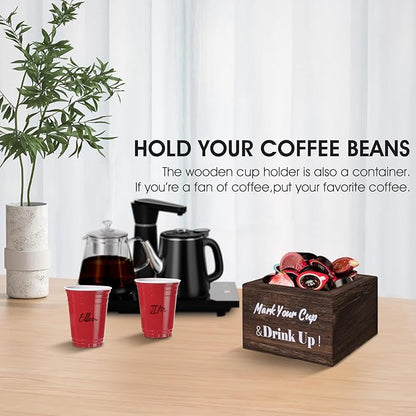 Wooden Cup Holder - Party Cup Holder with Marker Slot, for Party and Wedding, Rustic Disposable for Bar, Kitchen, Countertop, Home & Office, Brown