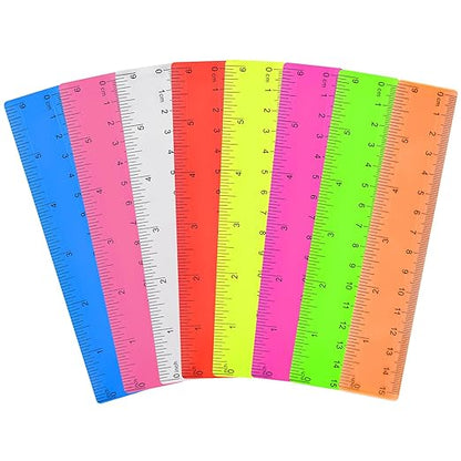 Clear Plastic Ruler 6 Inch Straight Rulers, Bulk Assorted Colors, Shatterproof Ruler with Inches and Centimeters for School Classroom, Home, or Office (8 Pack)
