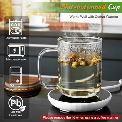 DRASTAR Glass Coffee Cups,12 oz Clear Coffee Mugs with Acacia Wood Lid,Flat Bottomed Coffee Mug with Handles,Tea Cup Set of 2