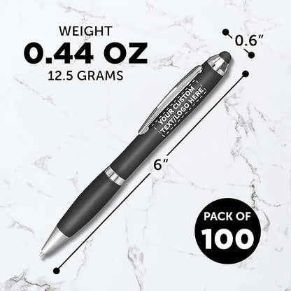 DISCOUNT PROMOS Custom Plastic Stylus Pens Set of 100, Personalized Bulk Pack - Black Ink, Great for Office, School, Business, Tradeshows, Events - Black