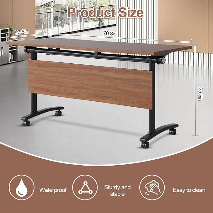 Conference Table, Foldable Conference Room Tables with Silent Wheels, Folding Modular Seminar Meeting Tables, Modern Rectangle Training Table for Office, Boardroom (8, Walnut, 70.8)