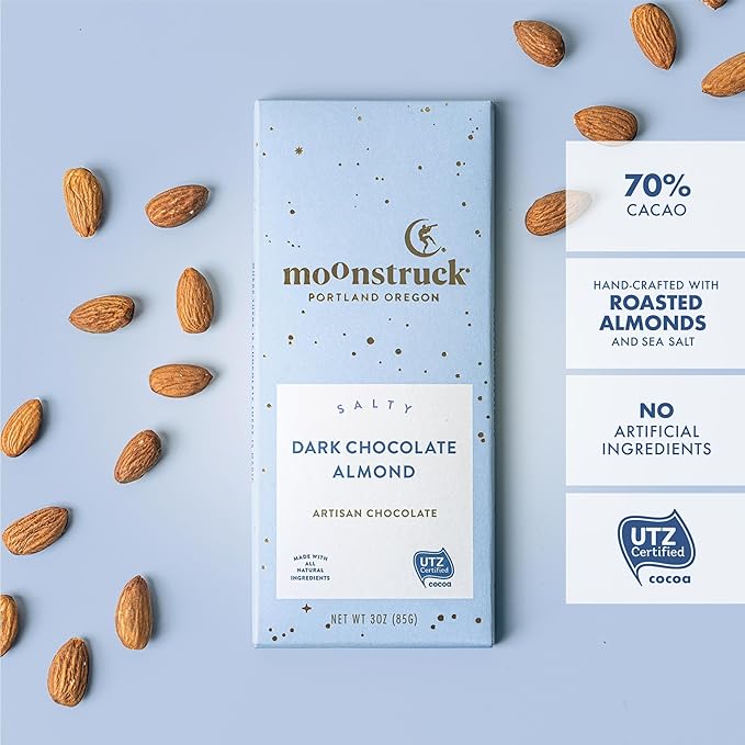 Moonstruck Chocolate Dark Chocolate Bar with Sea Salt and Almonds, 68% Cacao, 3.0oz (Pack of 12)