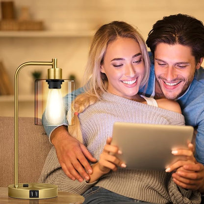 Industrial Touch Table Lamps Set of 2-2 USB Ports & AC Outlet Nightstand Lamps, 3-Way Dimmable Bedside Desk Lamp for Living Room Bedroom, Glass Shade & 2 LED Bulbs Included - Brass