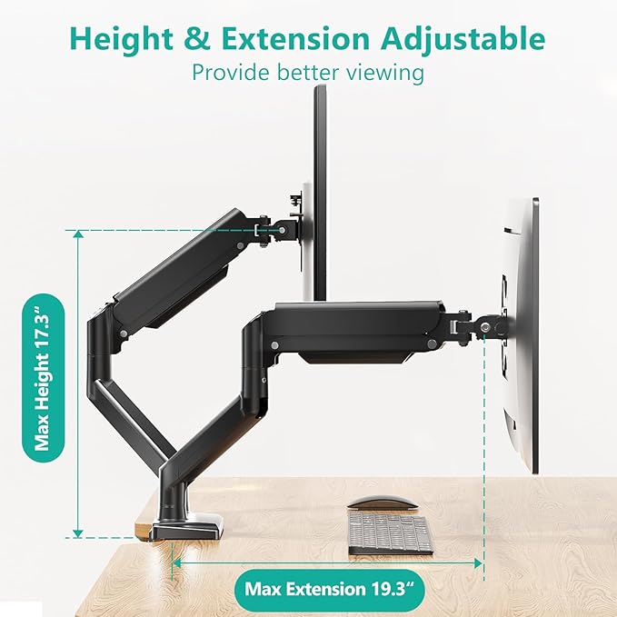 WALI Dual Monitor Stand for 17-32 inch Computer Screens, Dual Monitor Arms for 2 Monitors Holds up to 22 lbs, Height Adjustable Gas Spring Dual Monitors Mount, VESA 75x75/100x100mm (GSMP002N), Black