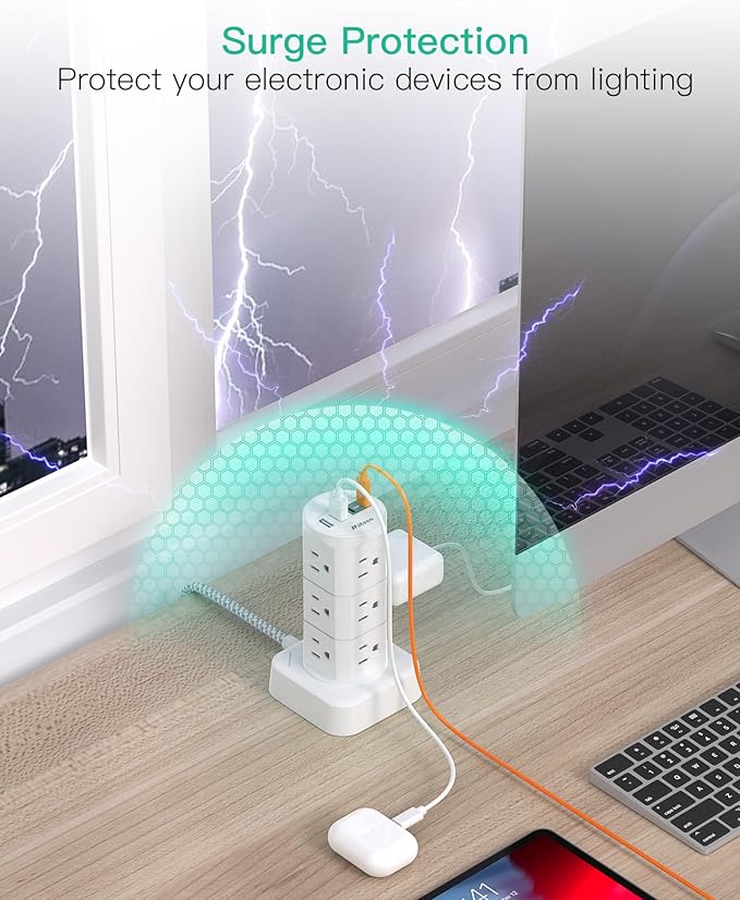 Surge Protector Power Strip Tower, 10FT Extension Cord with Multiple Outlets(12 AC Outlets), Surge Protector with USB Ports, Charging Station for Multiple Devices, Office Supplies, Dorm Essentials