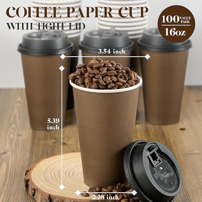 LITOPAK 100 Pack 16 oz Disposable Paper Coffee Cups with Lids for Coffee, Water, Juice, or Tea, Brown Hot Paper Cups for Home, Restaurant, Store, and Cafe