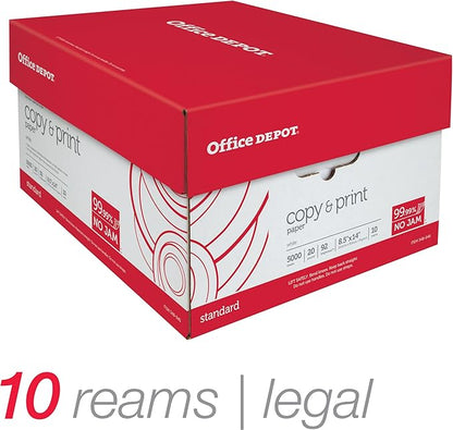 Office Depot Copy Print Paper, Legal Size, 20 Lb, 500 Sheets Per Ream, Case Of 10 Reams, 063224