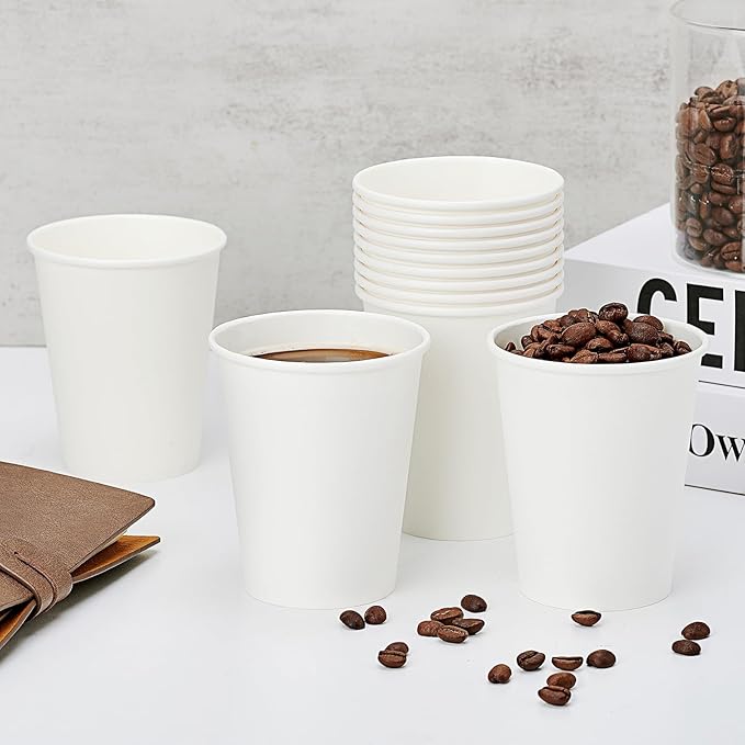 100 Pack Paper Cups, 8 oz Disposable Coffee Cup, White Paper Cups, Hot Beverage Drinking Cup for Parties, Travel, and Events