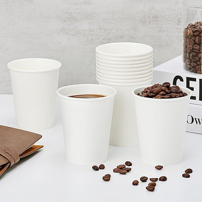 100 Pack Paper Cups, 8 oz Disposable Coffee Cup, White Paper Cups, Hot Beverage Drinking Cup for Parties, Travel, and Events