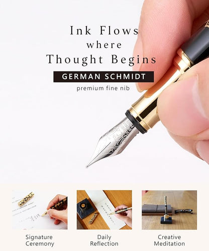 ARTEX Luxury Fountain Pen Set With Stand - Museum Art Collections - Crafting Timeless Beauty - the Best Gift & Office Desk Decor, German SCHMIDT Fine Nib, Solid Metal & Marble Texture