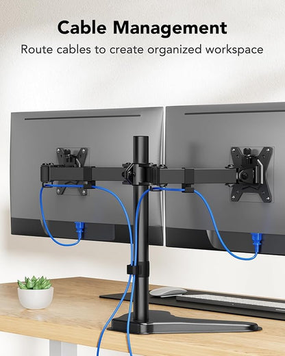 HUANUO 32 inches Dual Monitor Stand up to 17.6lbs per Arm, High-Grade Aluminum Free-Standing Dual Monitors Mount for 2 Screens. Fully Adjustable Dual Monitor Stand for Desk with Tilt, Swivel, Rotation