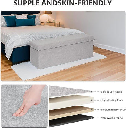 43 Inches Storage Ottoman Bench - Square Ottoman with Sherpa Top,Storage Bench for Bedroom,43" L x 15" W x 15" H - Grey