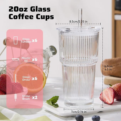 GOSCHE 20oz Glass Cups with Lids and Straws, Reusable Iced Coffee Cups, Thickened Glass Tumbler Set Ideal for Juices, Smoothies, Cocktails, and Beverage, Clear, 6 Pack