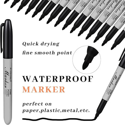 Thenshop 60 Pack Black Permanent Markers Bulk Fine Tip Permanent Marker Set Quick Drying Fine Point Pens for Classroom, Office, Home, Work on Wood, Metal, Stone, Glass, Christmas Office Gifts