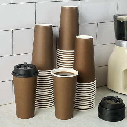 LITOPAK 100 Pack 20 oz Disposable Paper Coffee Cups with Lids for Coffee, Water, Juice, or Tea, Brown Hot Paper Cups for Home, Restaurant, Store, and Cafe