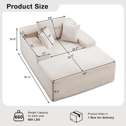 49" Chaise Lounge Chair Indoor, Oversized Wide Arm Boneless Sofa Bed with Plush Corduroy & High-Density Foam, No Assembly Cloud Couch for Living Room, Bedroom, Reading Nap (Beige)