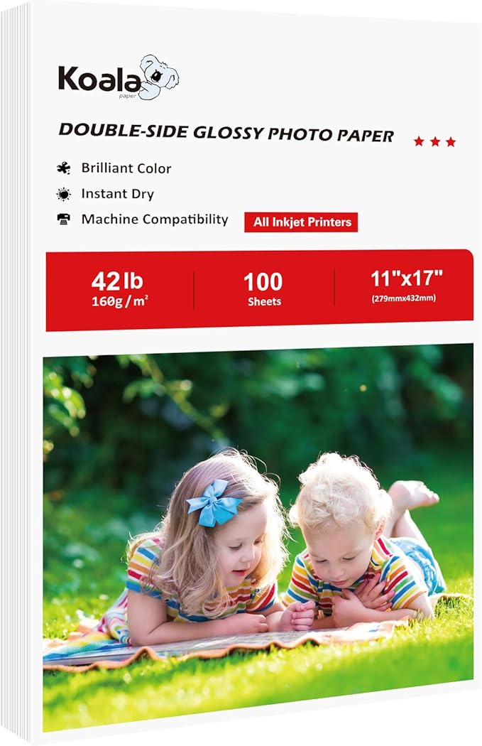 Koala Brochure Paper Double Side Glossy for Printing Photo 11X17 Inches 100 Sheets Compatible with Inkjet Printer 42LB